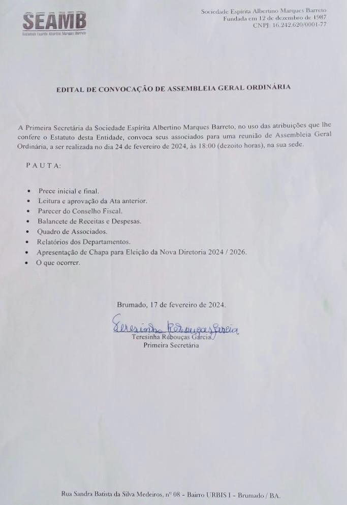 Edital de Convocação de Assembleia Geral Ordinária 