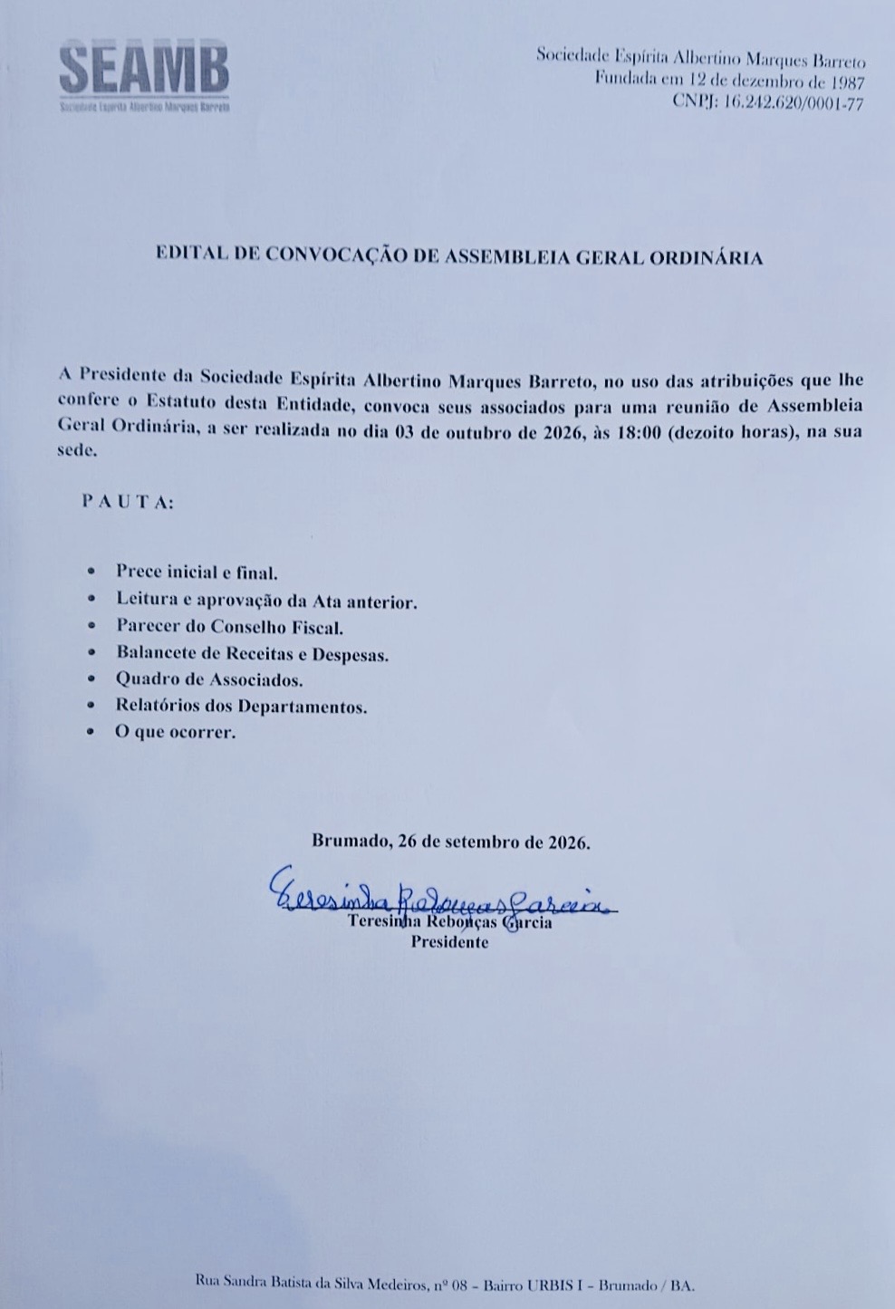 Edital de Convocação de Assembleia Geral Ordinária