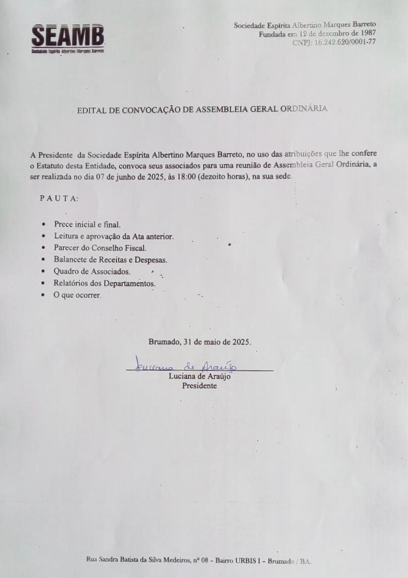 Edital de Convocação de Assembleia Geral Ordinária