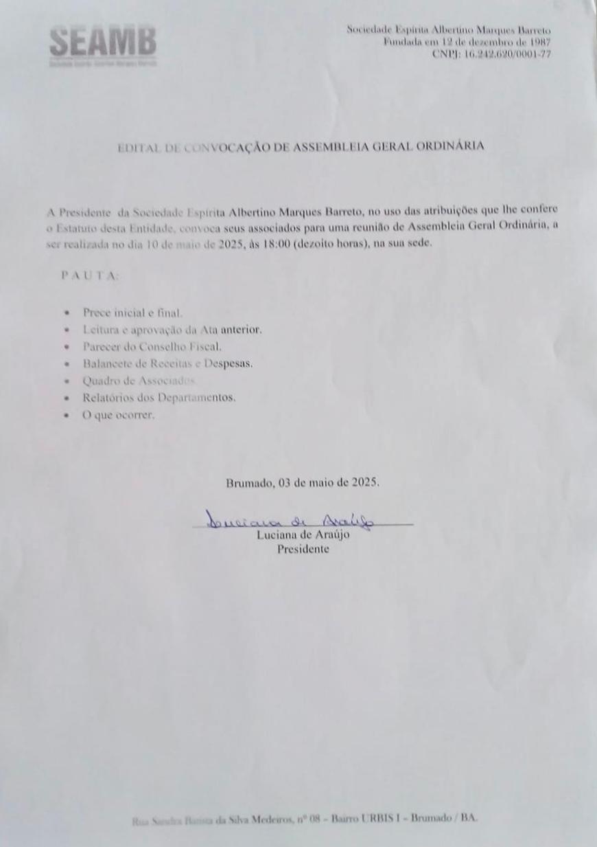 Edital de Convocação de Assembleia Geral Ordinária