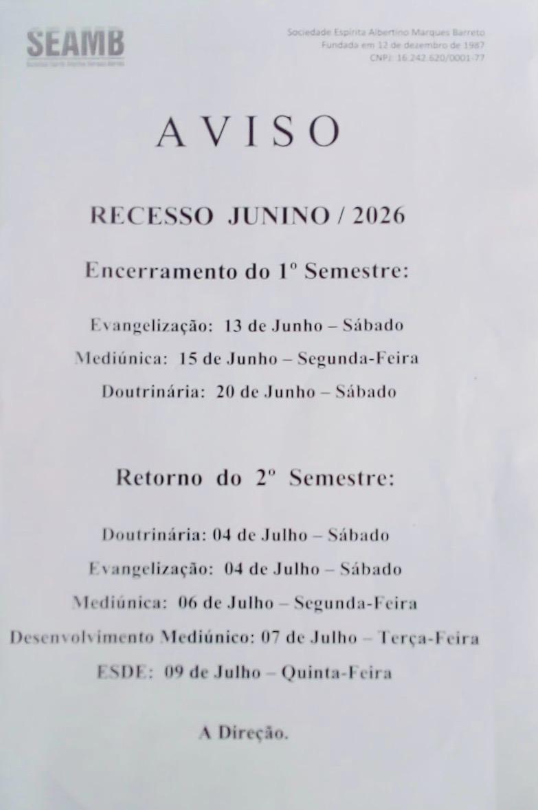 AVISO: RECESSO JUNINO 2026