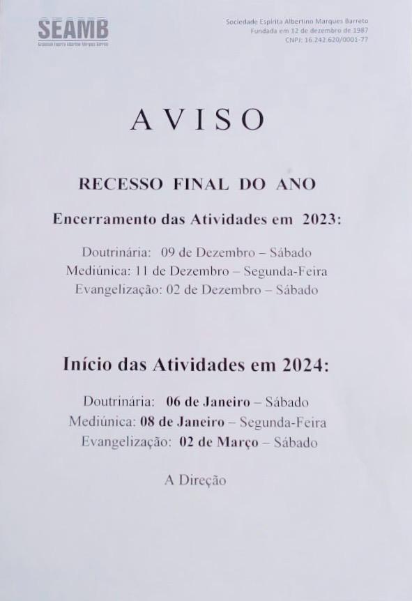 RECESSO DAS ATIVIDADES 2023