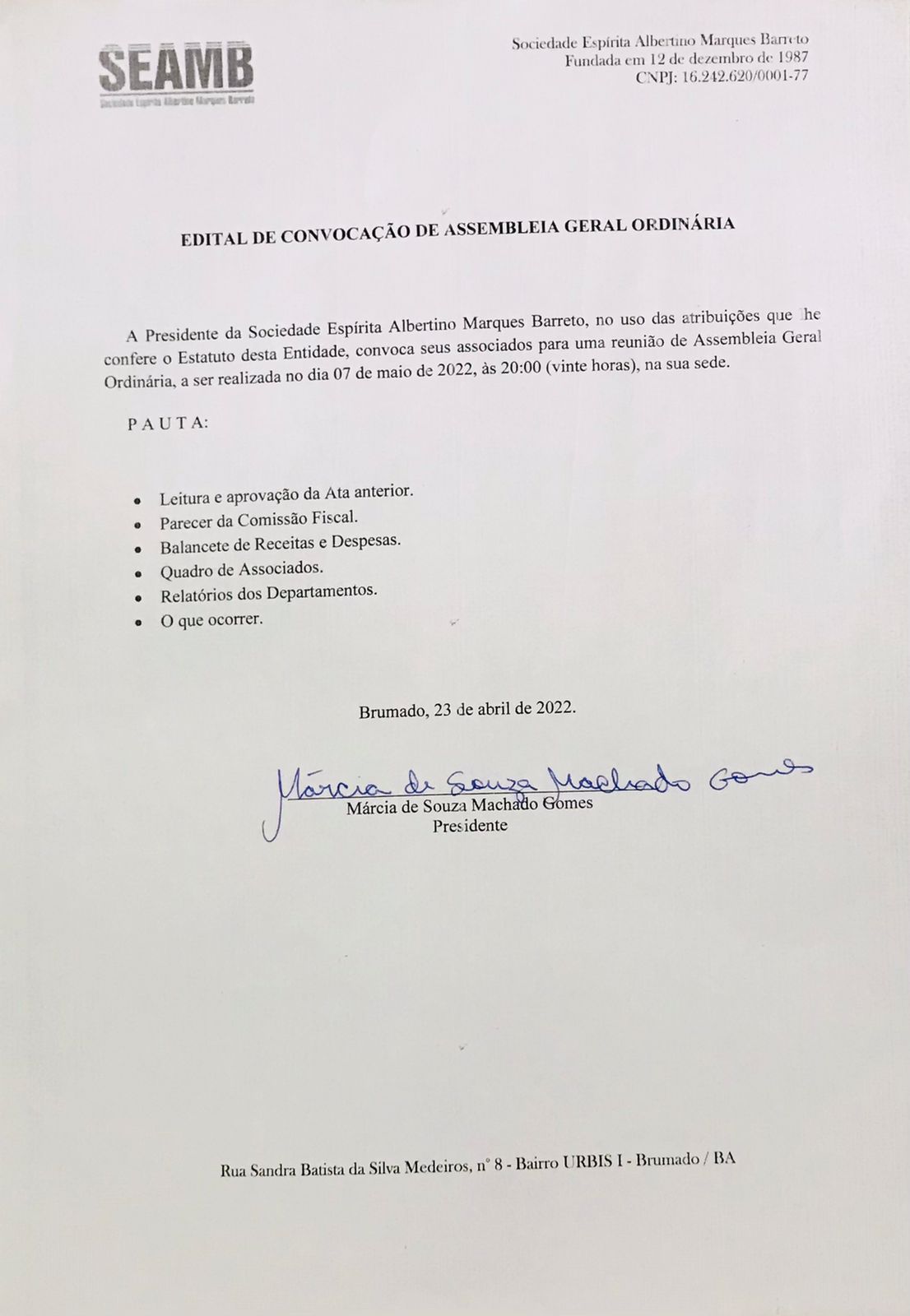 Edital de Convocação de Assembleia Geral Ordinária 