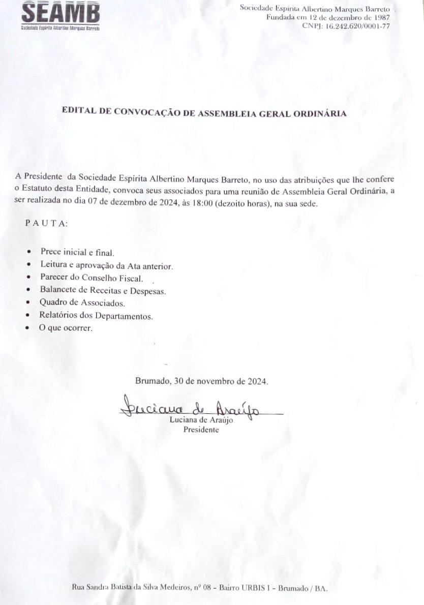 Edital de Convocação de Assembleia Geral Ordinária