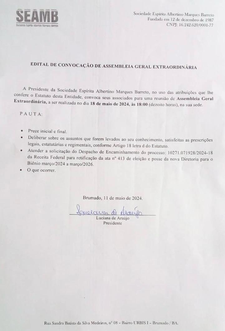 Edital de Convocação de Assembleia Geral Extraordinária 