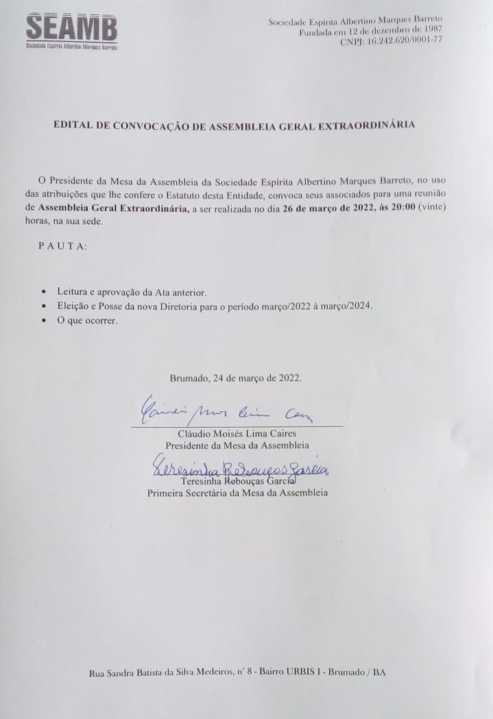 Edital de Convocação de Assembleia Geral Extraordinária 