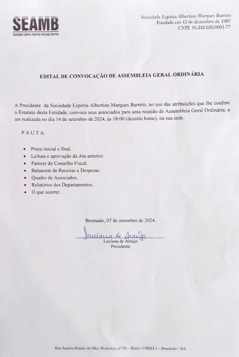 Edital de Convocação de Assembleia Geral Ordinária