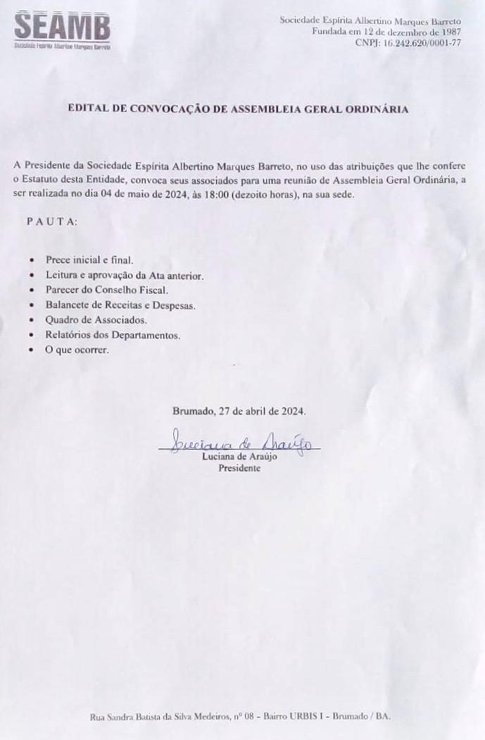 Edital de Convocação de Assembleia Geral Ordinária 