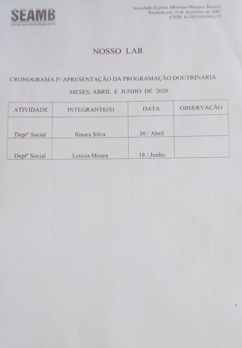 Cronograma de palestras Departamento Social