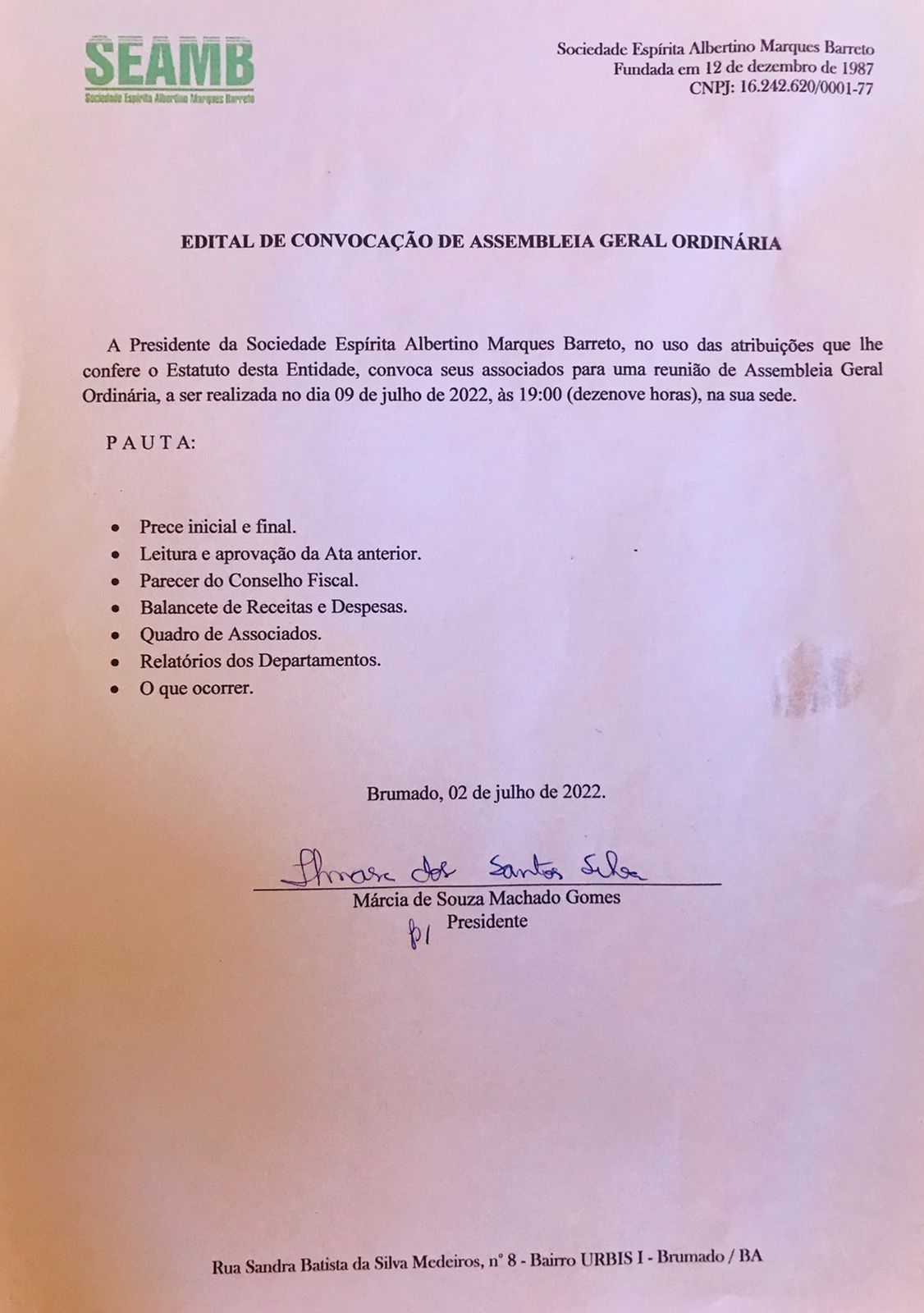 Edital de Convocação de Assembleia Geral Ordinária 