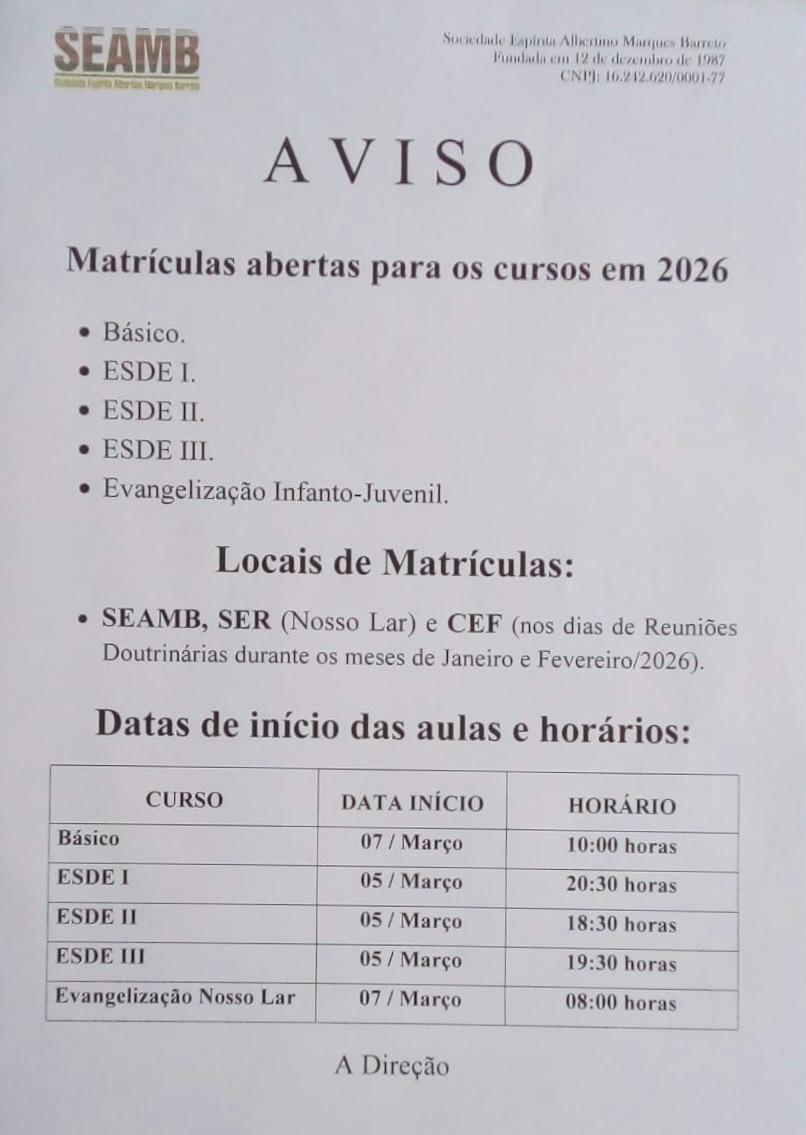Início dos cursos Básico, ESDE e Evangelização em 2026