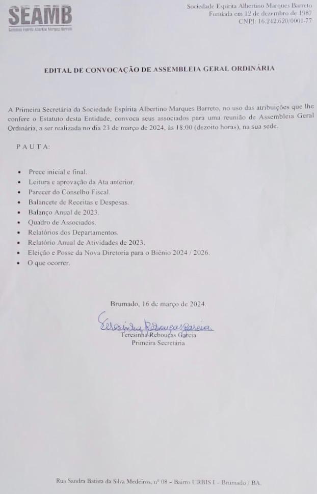 Edital de Convocação de Assembleia Geral Ordinária 