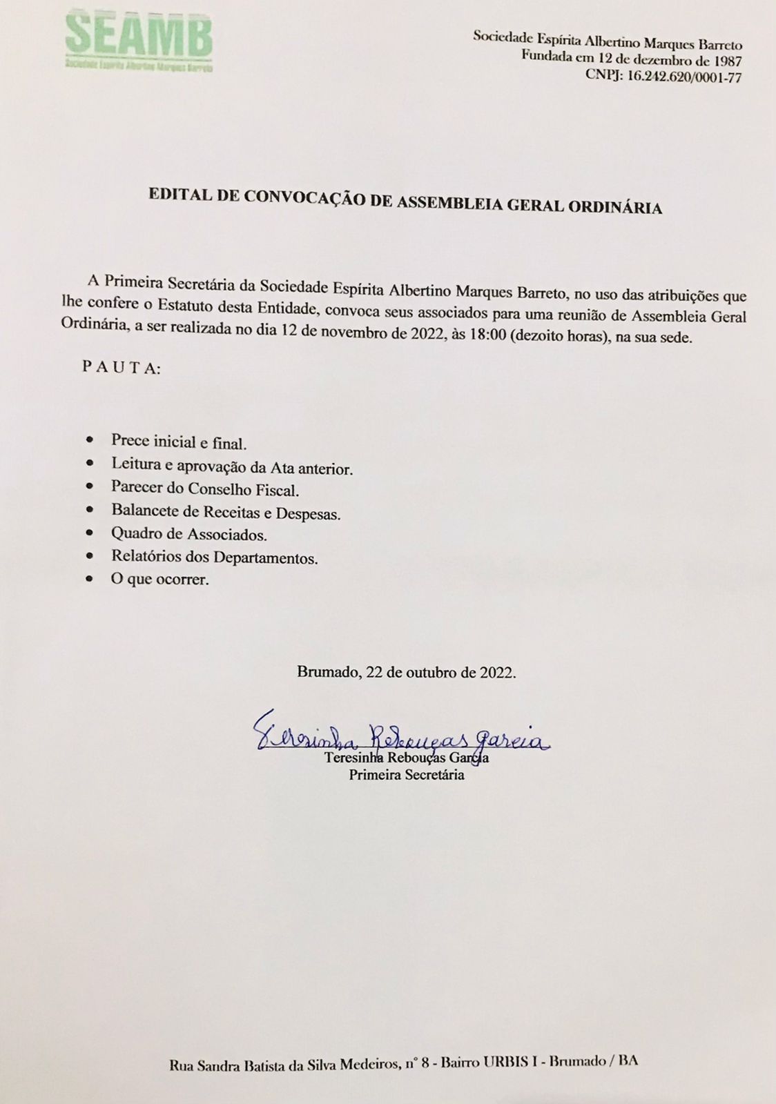 Edital de Convocação de Assembleia Geral Ordinária 