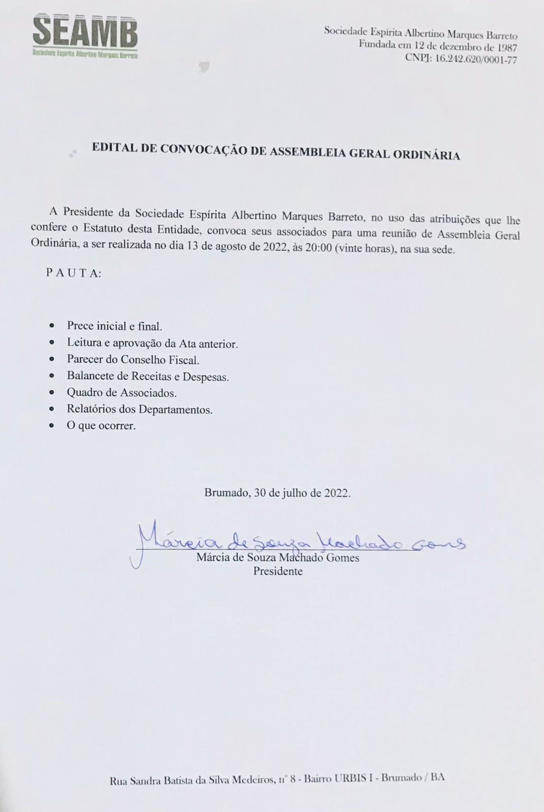 Edital de Convocação de Assembleia Geral Ordinária 