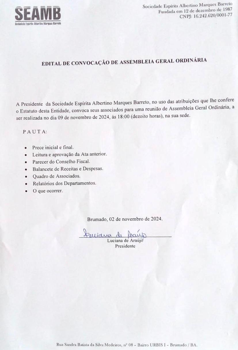 Edital de Convocação de Assembleia Geral Ordinária