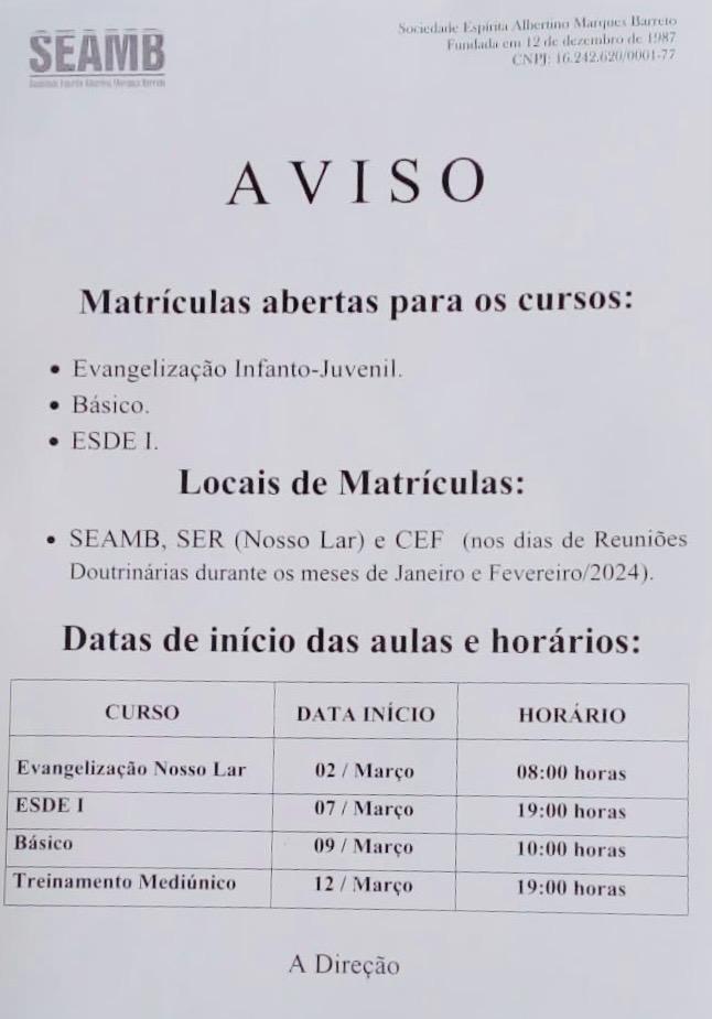 Prazo de matrícula ESDE e Evangelização infantil