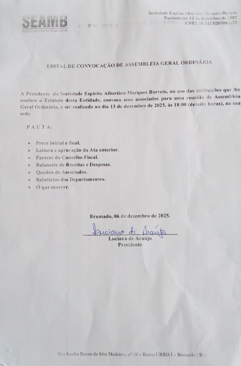 Edital de Convocação de Assembleia Geral Ordinária