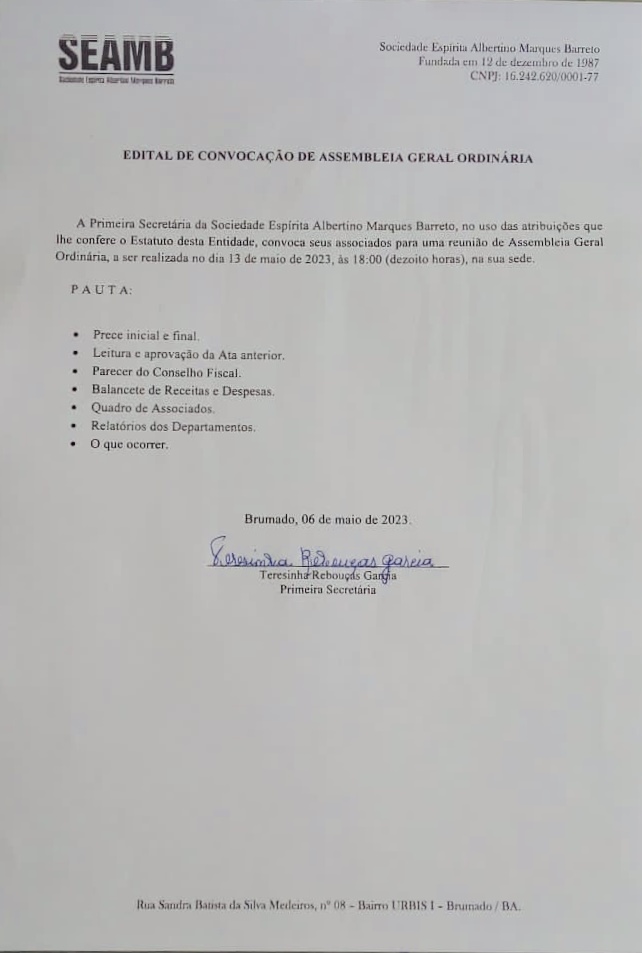 Edital de Convocação de Assembleia Geral Ordinária