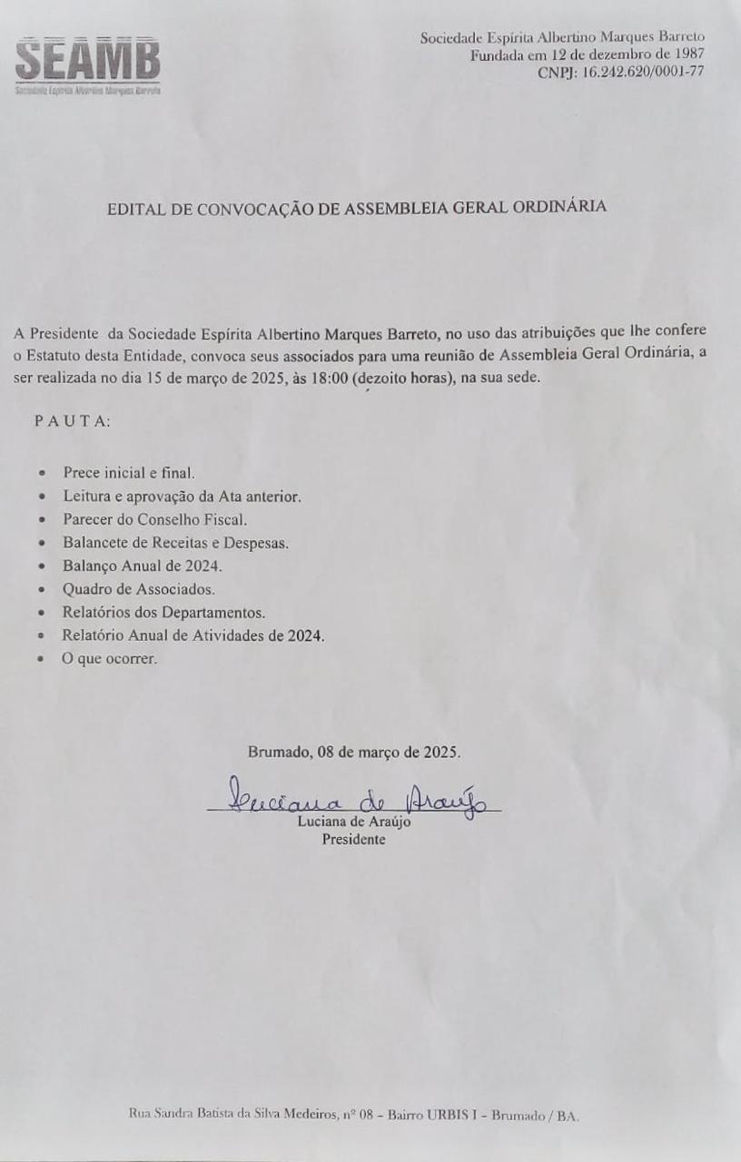 Edital de Convocação de Assembleia Geral Ordinária