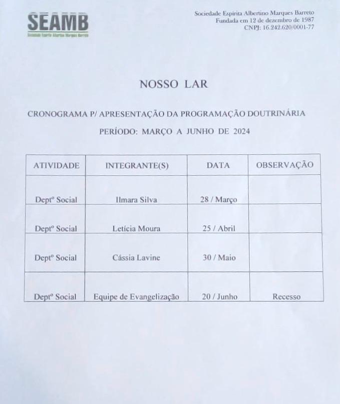 Cronograma de reunião doutrinária da Evangelização Nosso Lar