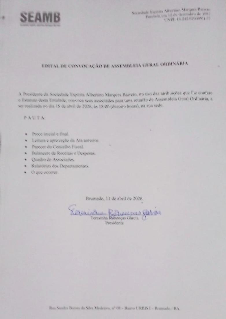 Edital de Convocação de Assembleia Geral Ordinária