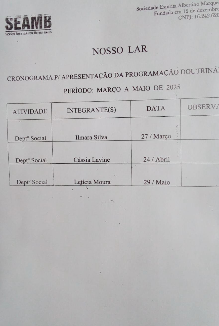 Cronograma de Palestras do Departamento Social